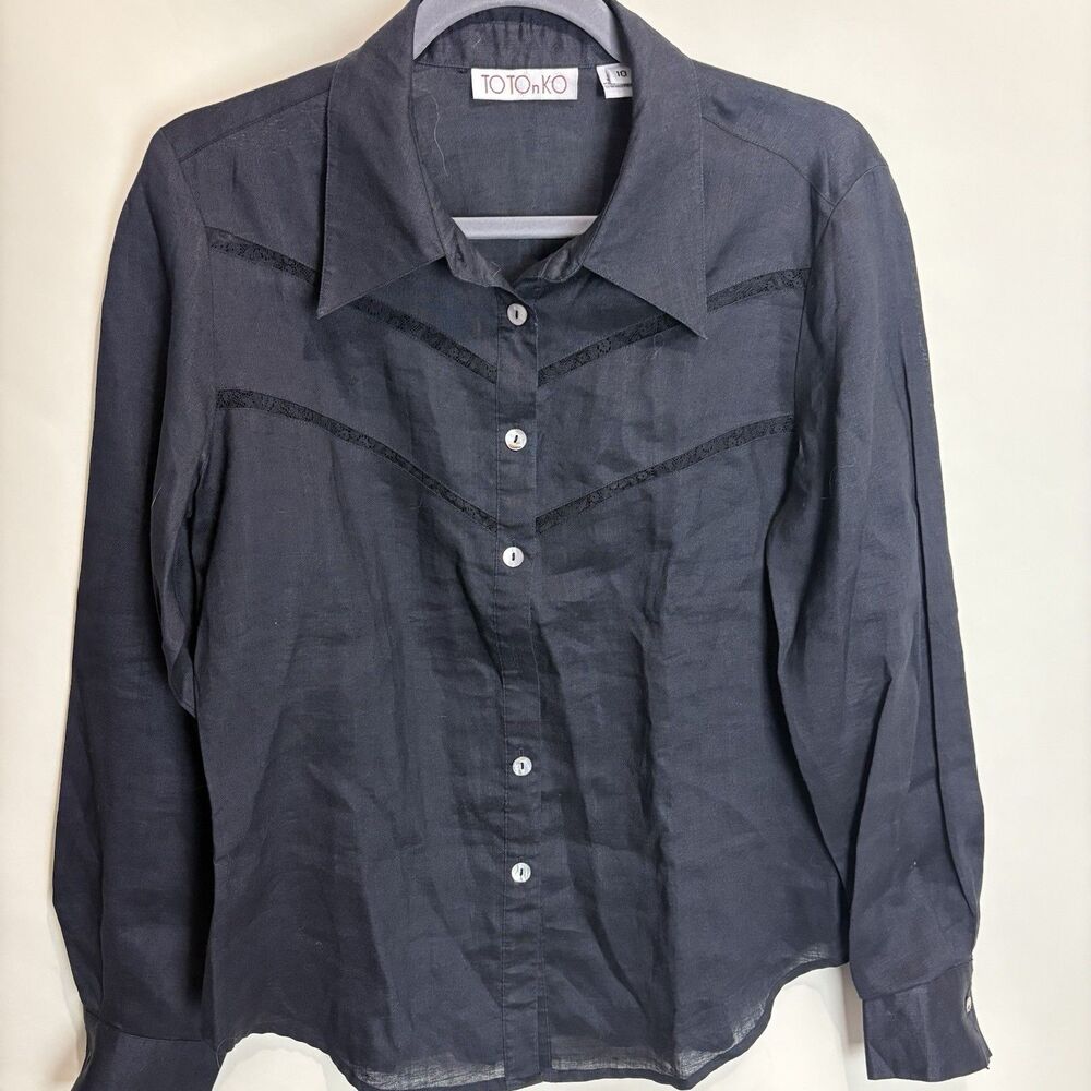 Toto N Ko Women’s Black Linen Western Style Button Front Shirt Lace Inset Sz 10